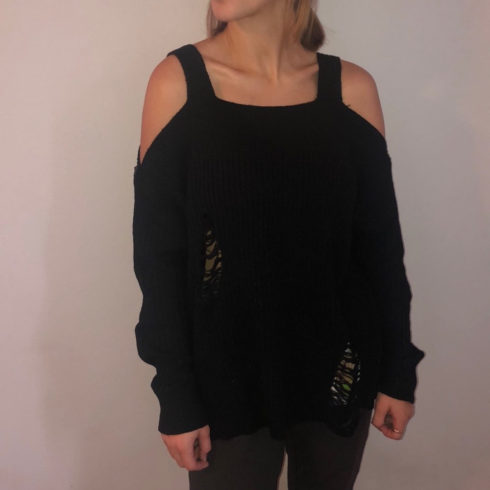 Black Wool Distressed Cut Out Sweater